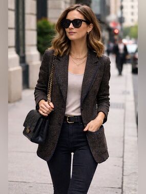 LIZWEAR Women’s Vintage Boxy Tweed Textured Speckled 2 Button Blazer 10